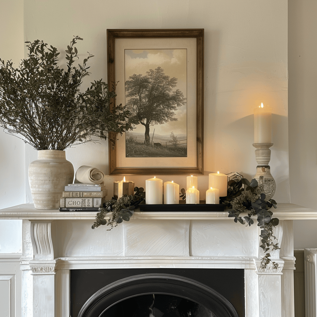 A countryside living room that showcases the importance of creating a harmonious and engaging mantelpiece arrangement, with a focus on balancing form, color, and texture to create a cohesive design