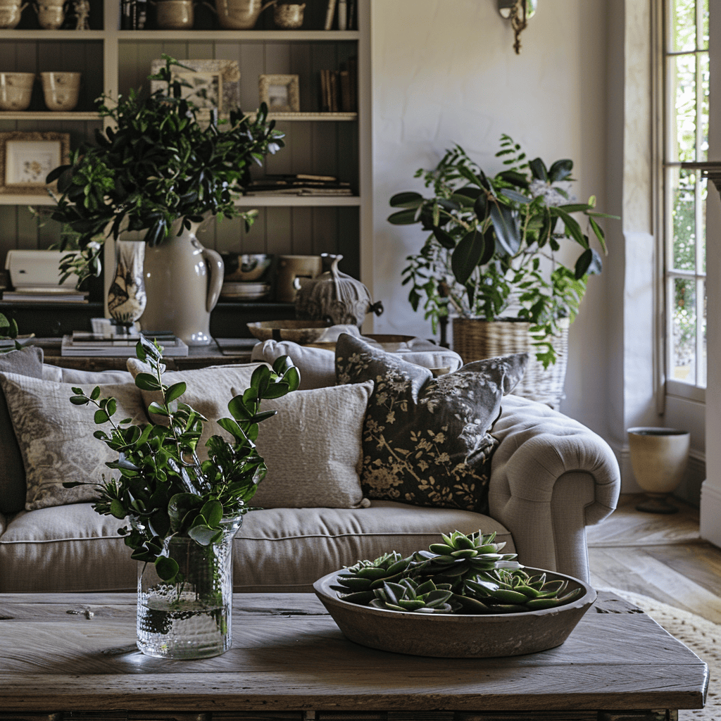 A countryside living room that showcases the importance of incorporating natural elements into the design, with a focus on using plants to create a fresh, inviting, and environmentally-friendly space