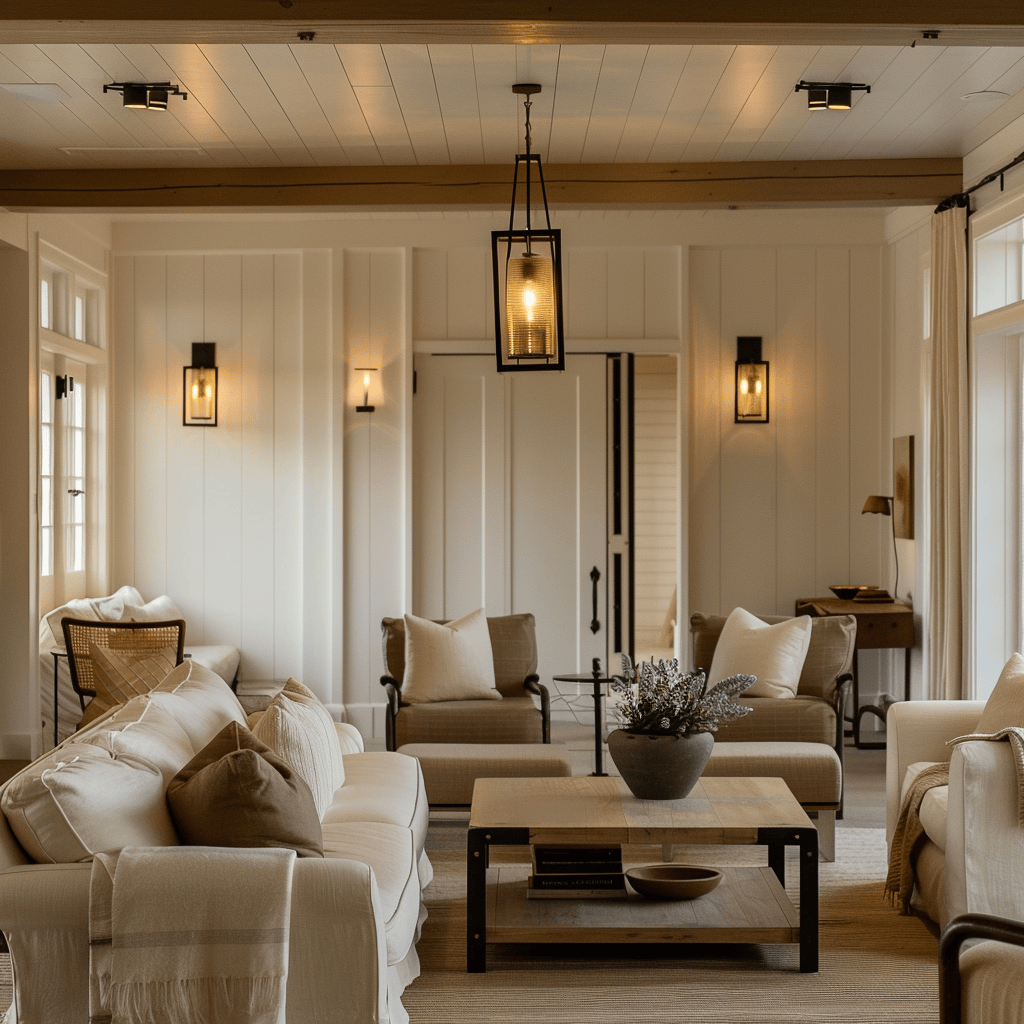 A countryside living room that showcases the importance of layered lighting, with a mix of ambient light sources that work together to create a sense of warmth, depth, and character copy