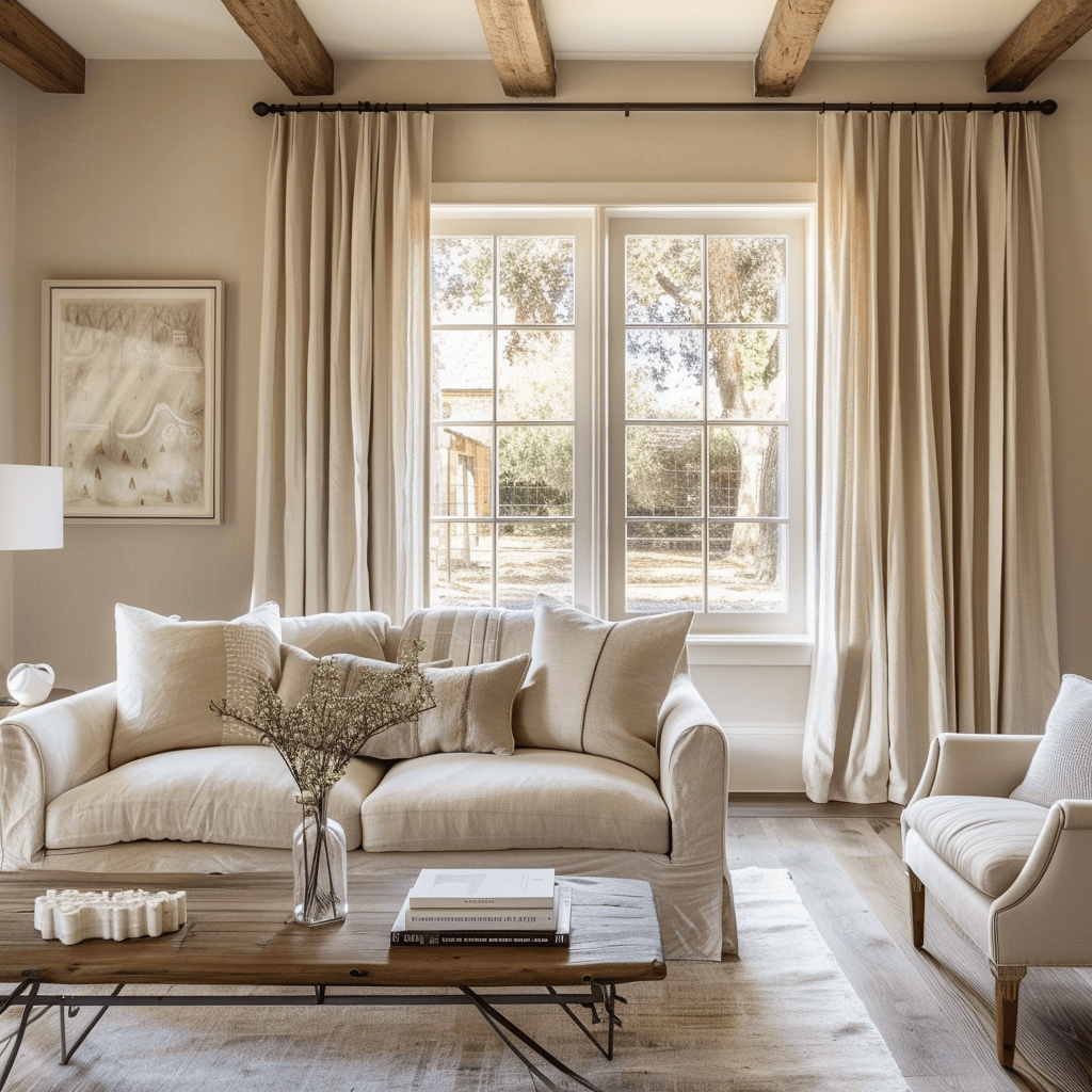 A countryside living room that showcases the importance of selecting curtains that balance function and style, with a focus on creating a warm, inviting environment while maintaining a connection to the outdoors copy