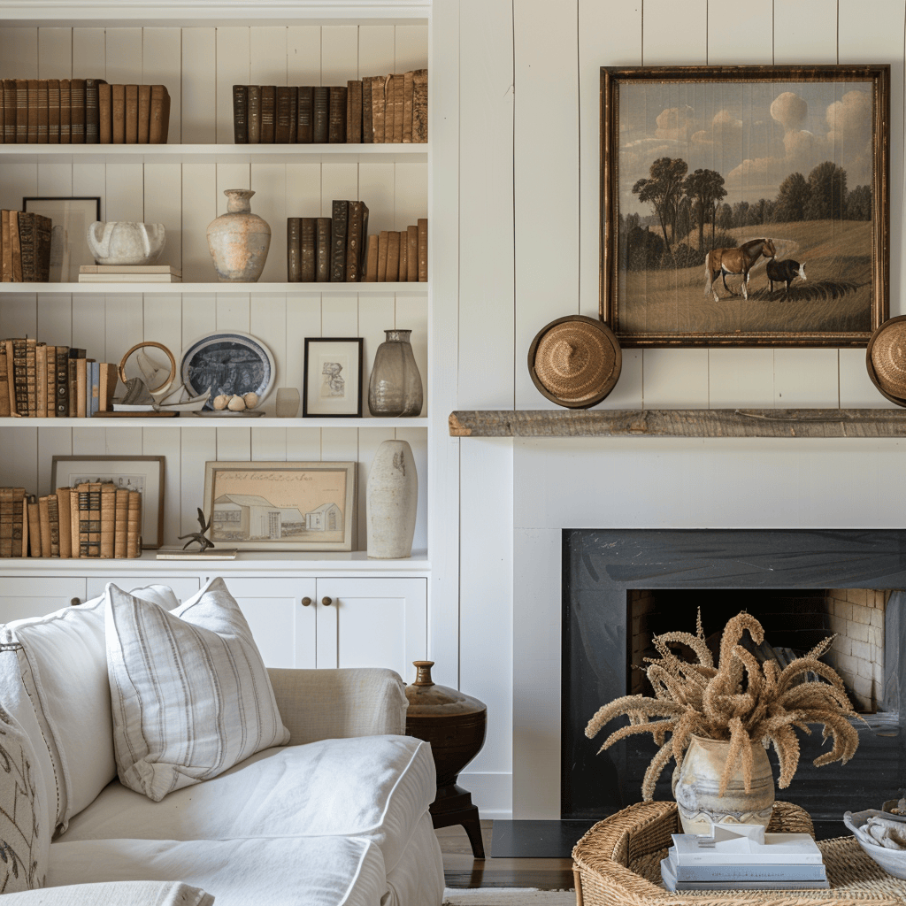 A countryside living room that showcases the importance of storytelling through decor, with artful arrangements that invite closer inspection and spark conversation among guests copy