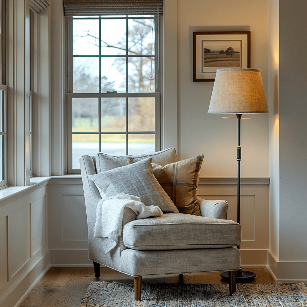 A countryside living room that showcases the importance of task lighting in creating a comfortable and practical environment, with a focus on providing targeted illumination for reading, hobbies, and relaxation