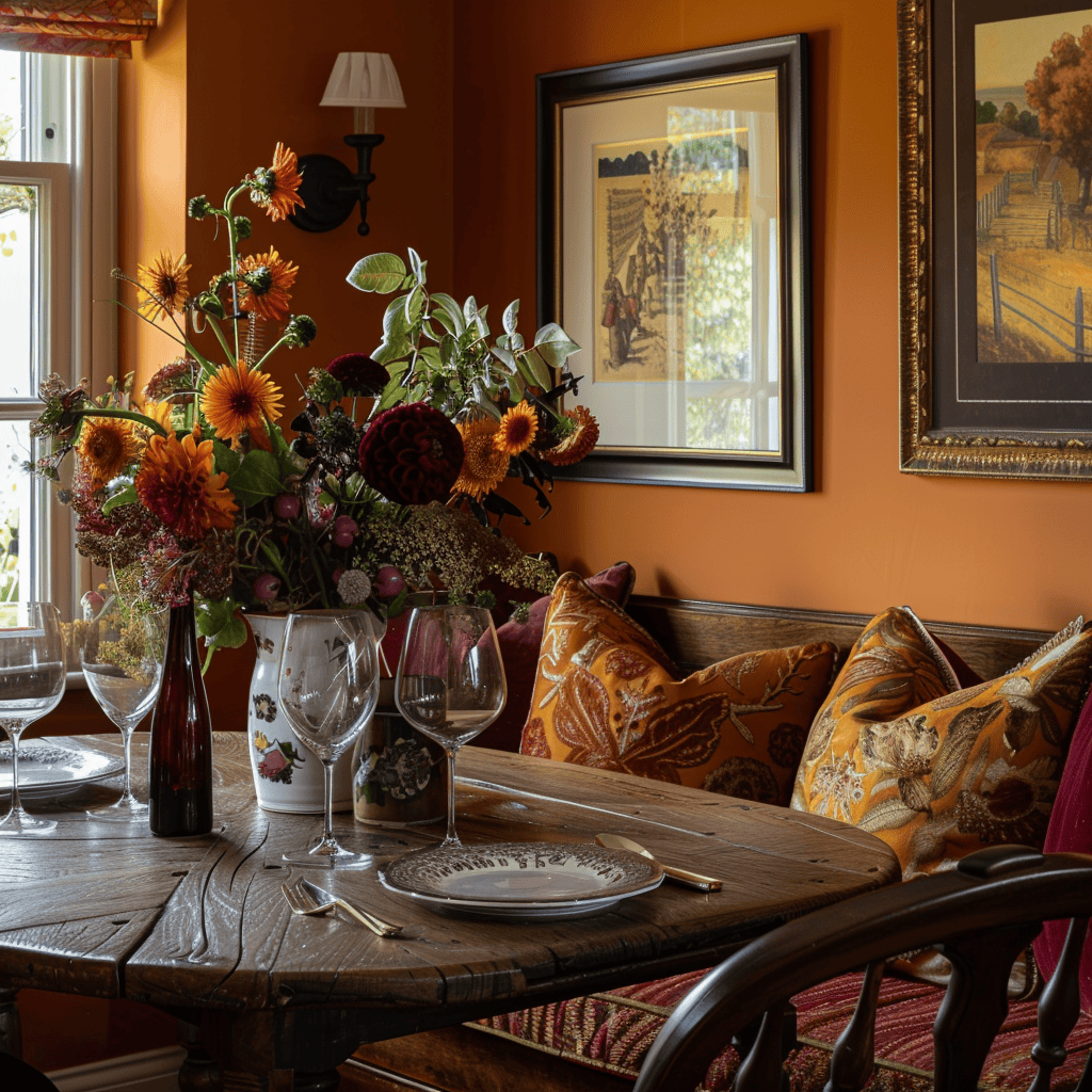 A cozy English countryside dining room decorated for autumn with warm, muted orange walls, a rustic wooden table, and accents in deep burgundy and golden yellow, celebrating the rich, comforting hues of the harvest season