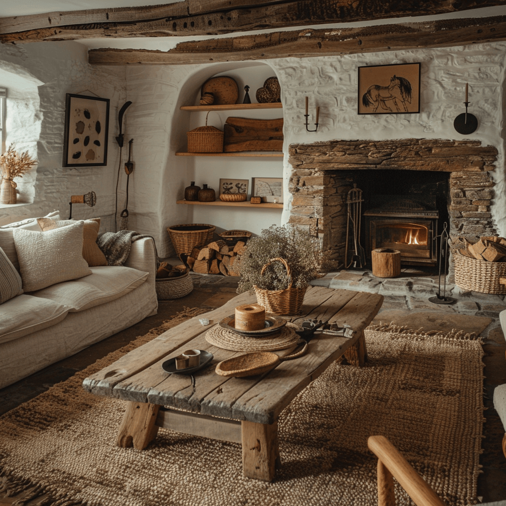 A cozy English countryside living room featuring a rough-hewn wooden coffee table, a stone fireplace, and woven baskets and rugs in earthy tones, showcasing a mix of natural materials and textures