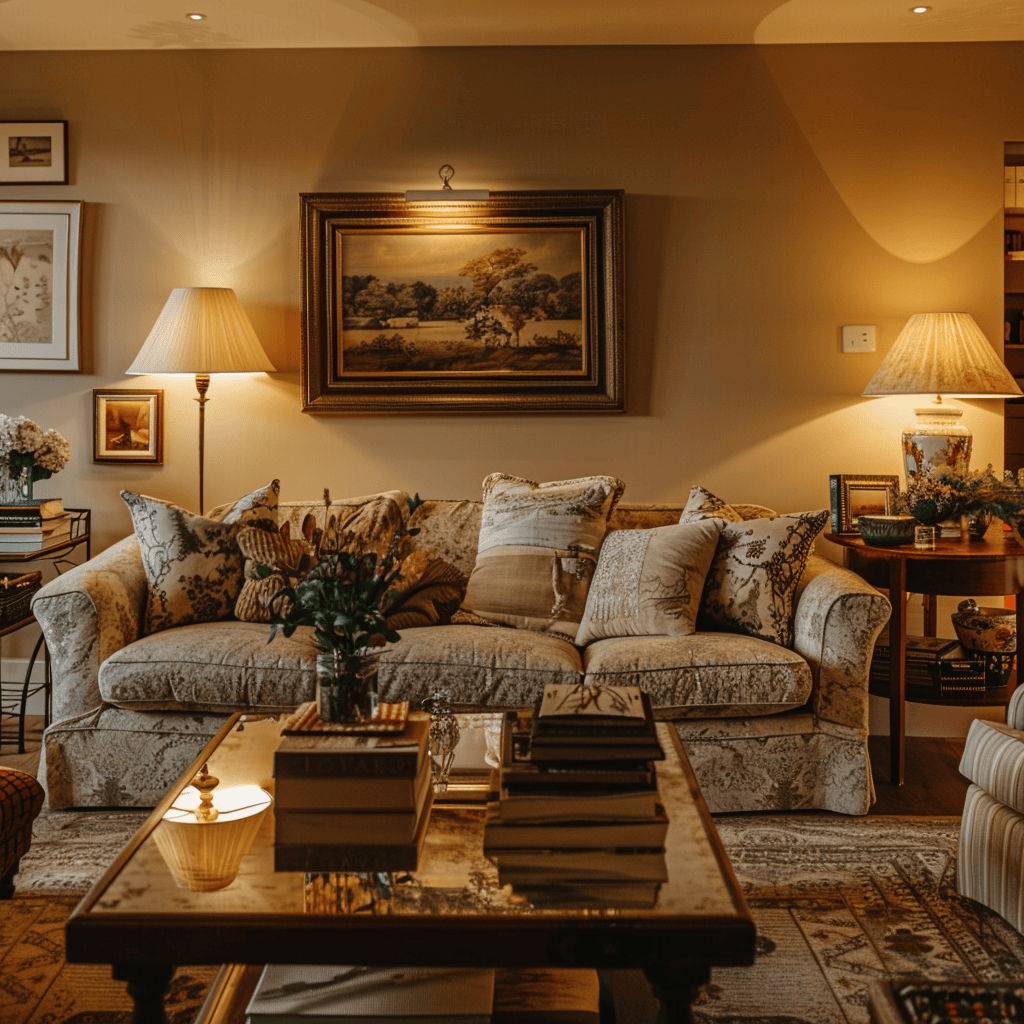 A cozy English countryside living room in the evening, with warm, golden lighting enhancing earthy tones, creating a soft ambiance, and highlighting vibrant accents in artwork and decor