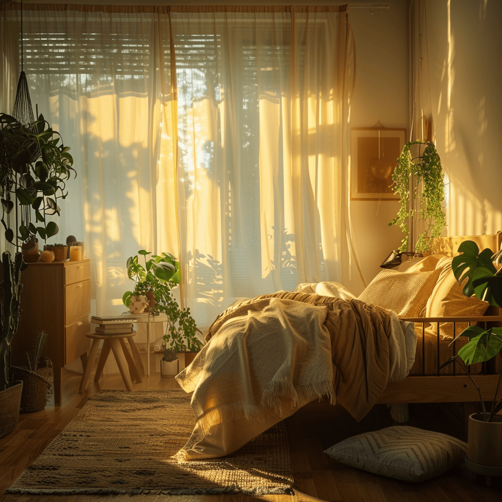 A cozy bedroom interior with natural wood furniture, green plants, and earthy textiles, lit by soft golden light filtering through sheer curtains