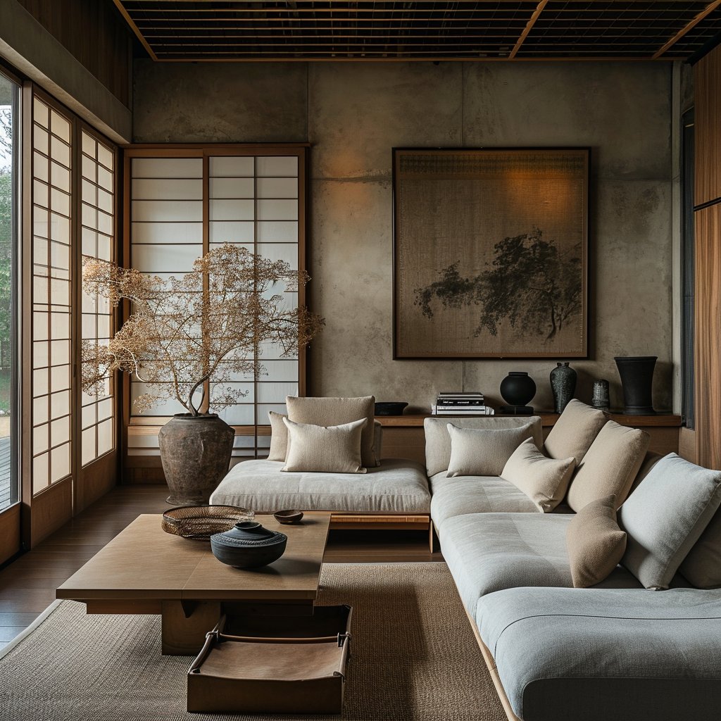 A cozy corner in a Japanese living room featuring a low table and floor cushions.