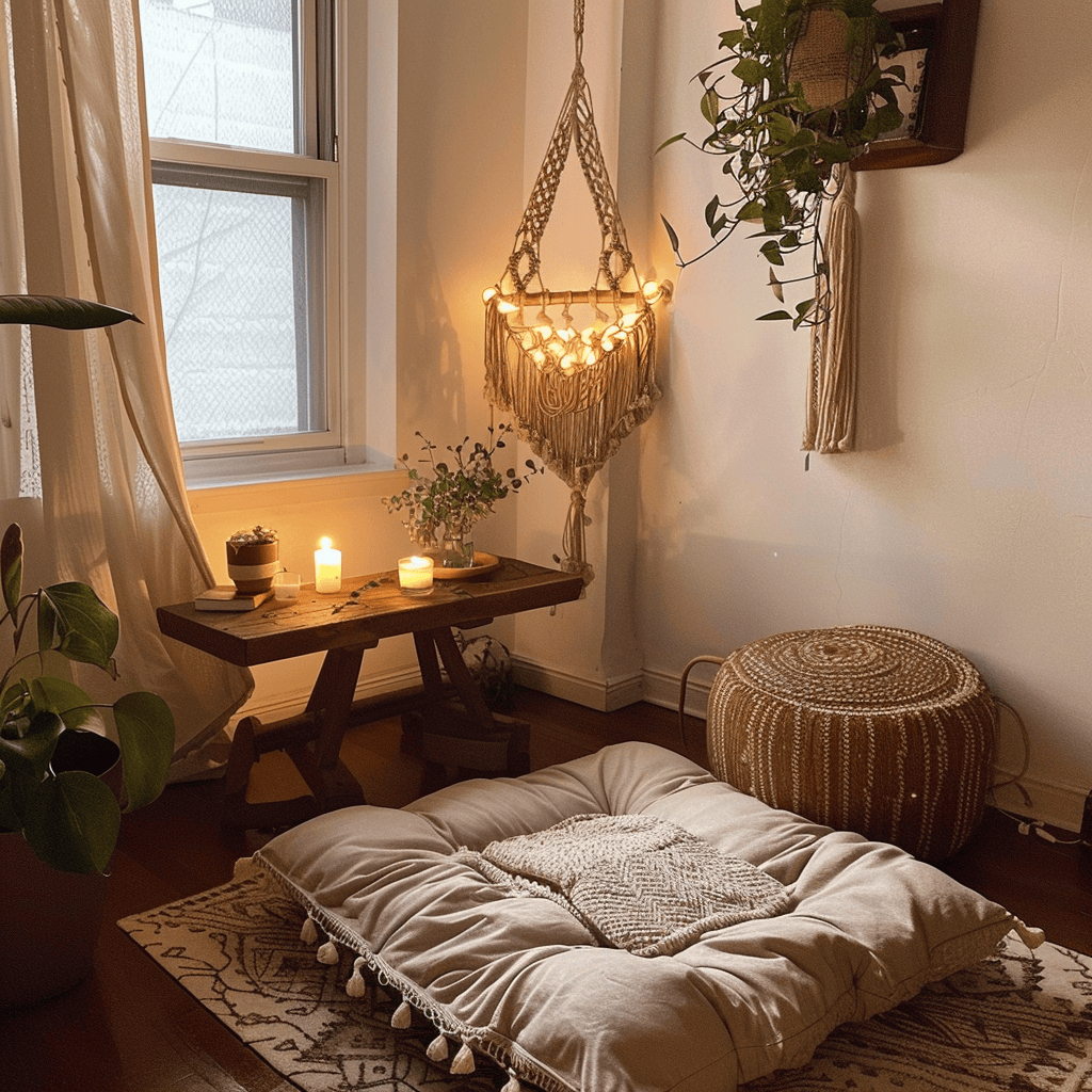 A cozy, earthy-toned floor cushion, a small wooden table with candles, and a hanging macrame planter in a bedroom corner