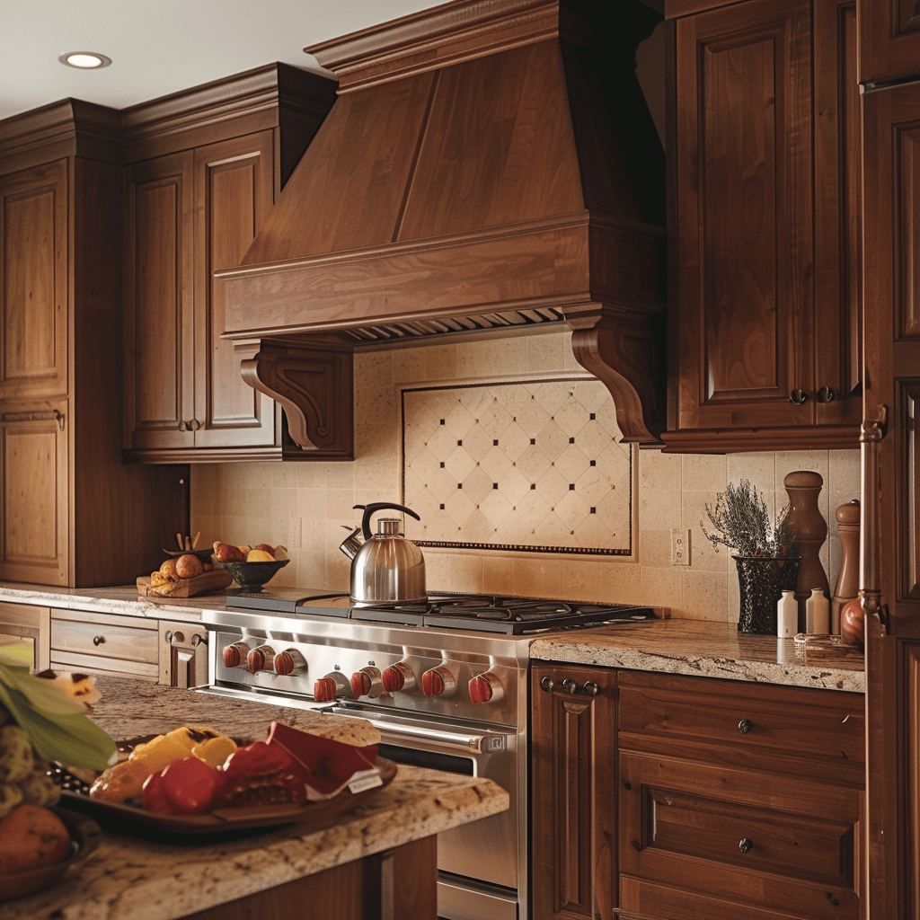 A cozy, inviting kitchen with cabinets crafted from warm, rich wood species like cherry, mahogany, or walnut, showcasing the natural beauty and timeless appeal of classic wooden cabinetry