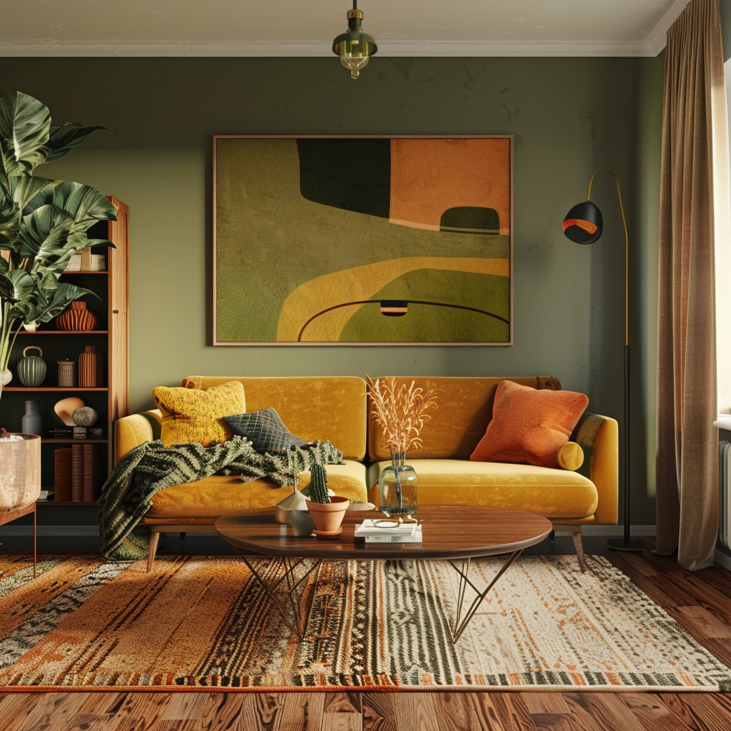 A cozy mid-century modern living room with earthy tones of olive green, mustard yellow, and burnt orange, evoking warmth and comfort1