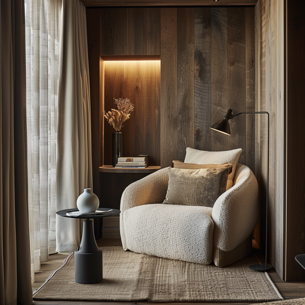 A cozy reading nook in a modern bedroom, complete with a comfortable armchair, a small side table, and a floor lamp, creating a perfect spot for relaxation1