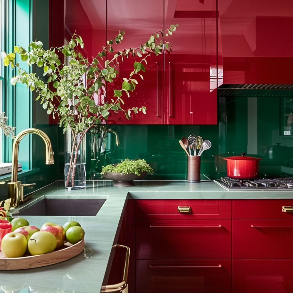 A daring kitchen with cabinets in a vibrant, bold hue like deep red or emerald green, paired with sleek, modern hardware and contrasting neutral countertops and backsplash