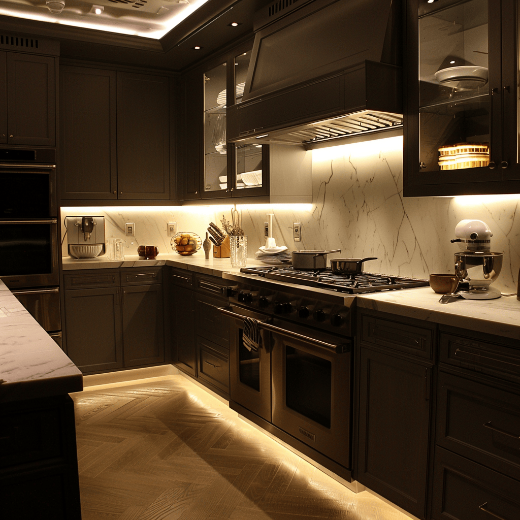 A dimly lit kitchen with cabinets that feature built-in, energy-efficient LED lighting, creating a warm, inviting ambiance and showcasing the beauty of the cabinetry