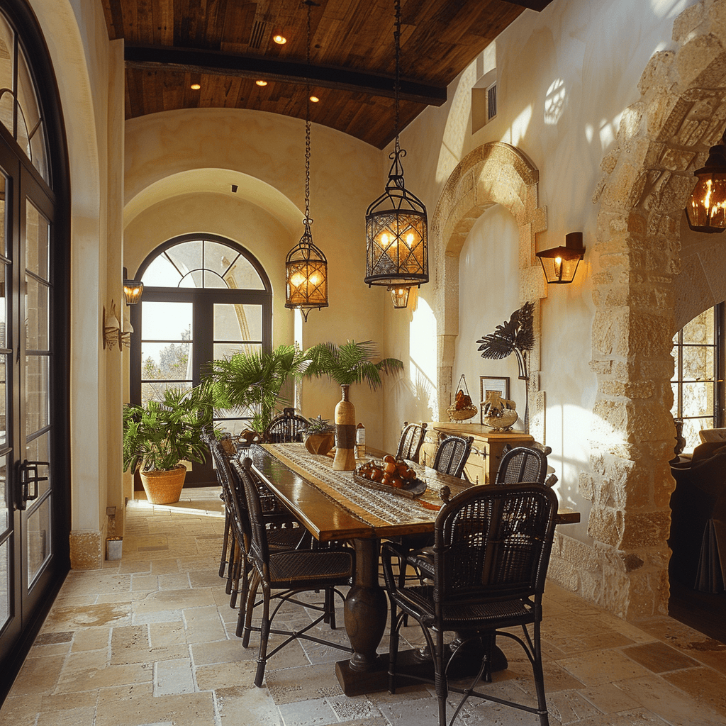 A dining room that celebrates Mediterranean style, with a palette of warm earthy tones, a collection of intricately patterned textiles, and a series of arched windows that frame the lush garden beyond