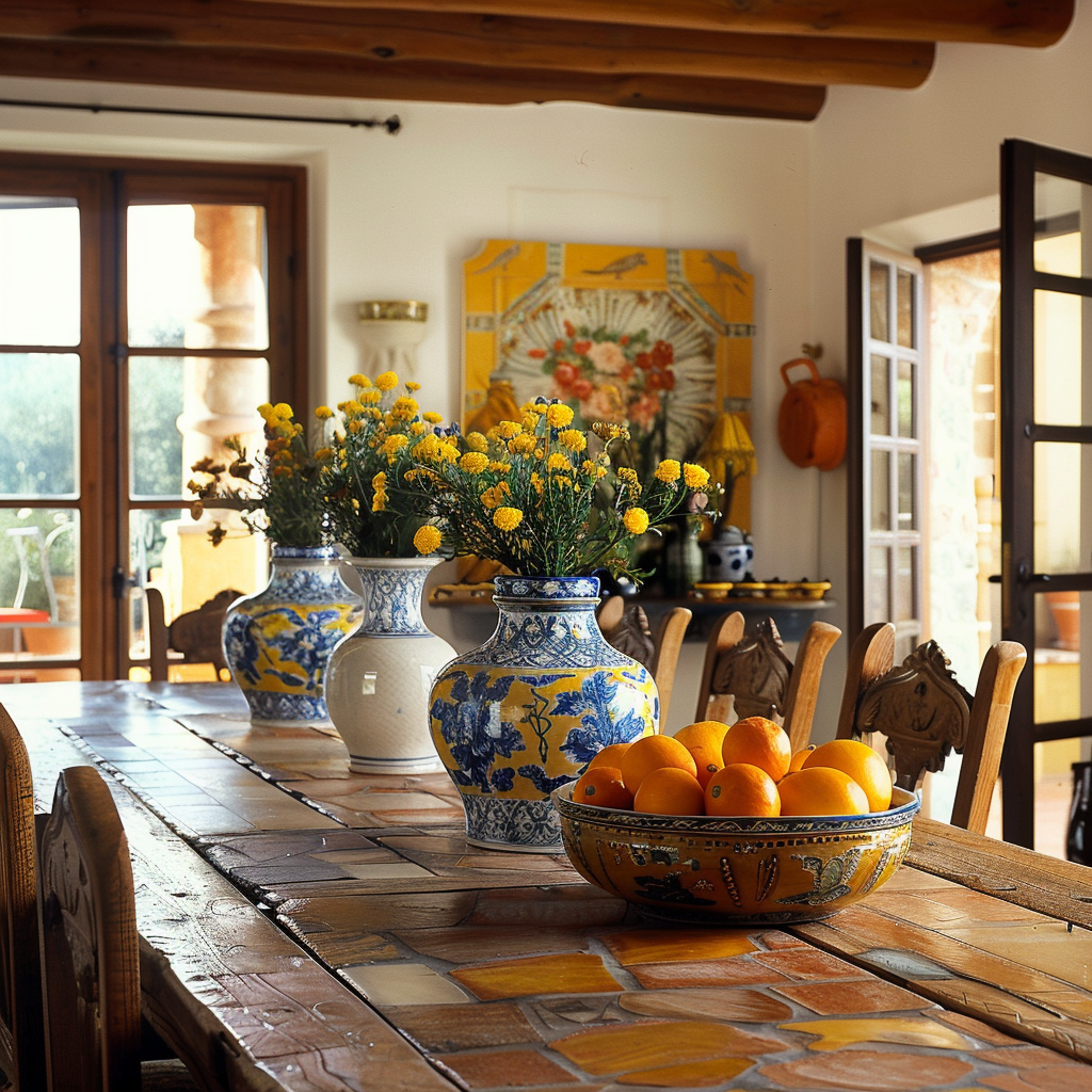 A dining room that celebrates the beauty of hand-painted ceramics, with a curated display of intricate Spanish tiles, colorful Italian majolica, and delicate Portuguese azulejos