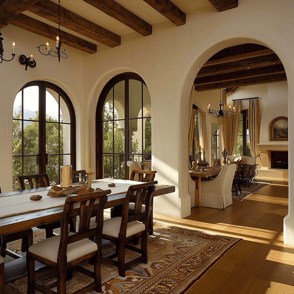 A dining room that celebrates the timeless appeal of arched design elements, from the grand arched entrance to the delicate arched niches in the walls