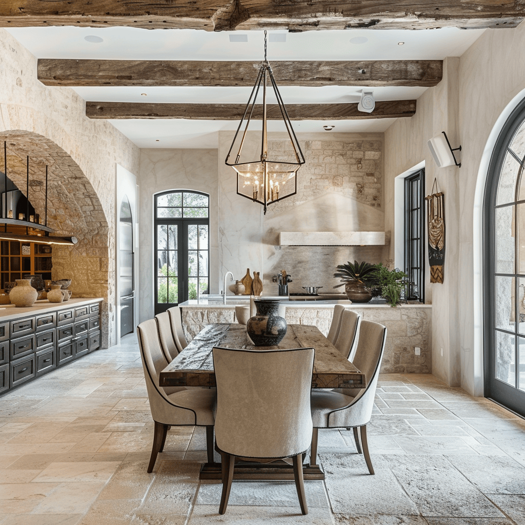 A dining room that curates a fusion of comfort and style, featuring a cozy banquette, a rustic wooden table, and an array of stylish decor elements