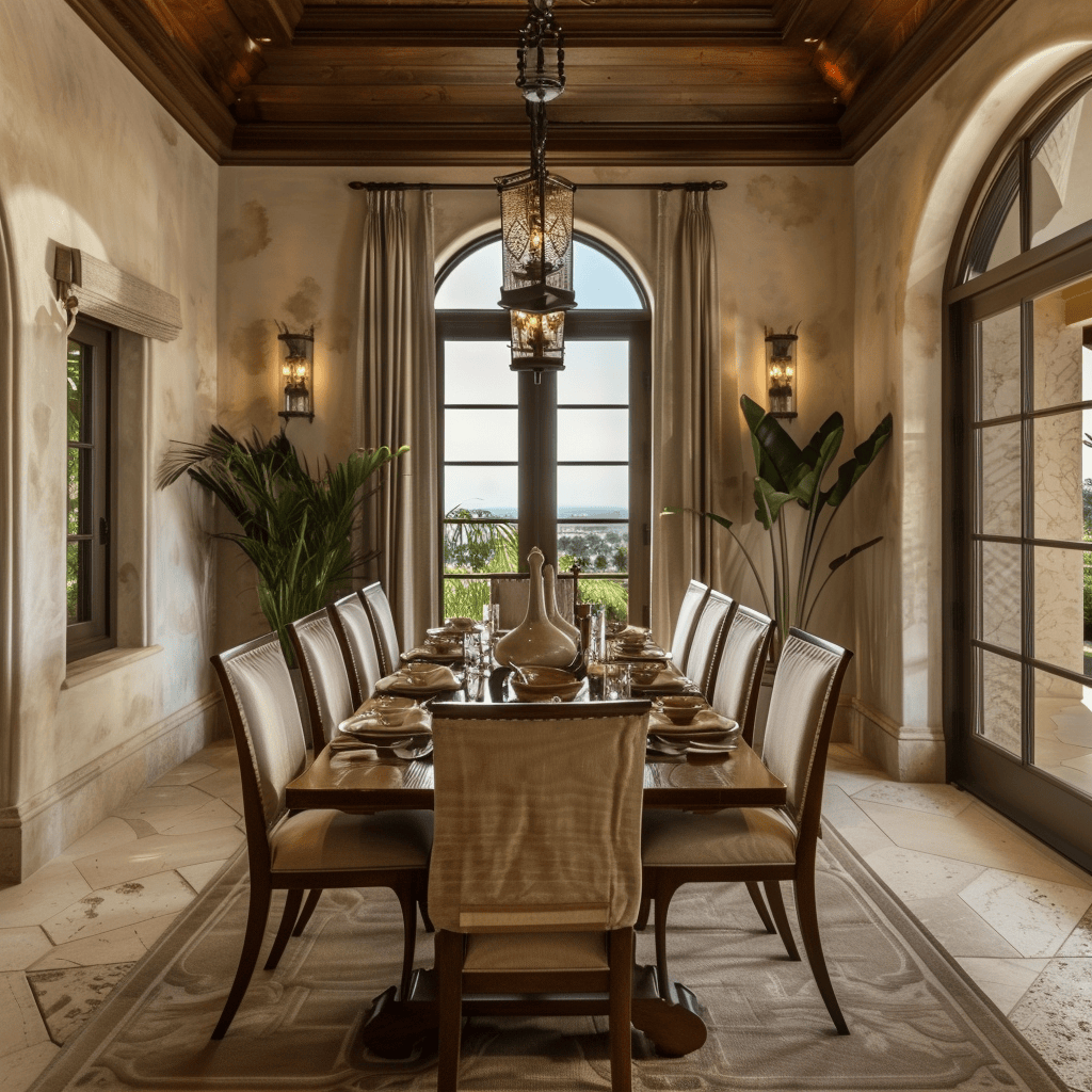 A dining room that demonstrates the importance of accent lighting in creating a Mediterranean atmosphere, with a combination of uplights that highlight the vaulted ceiling, a series of picture lights that showcase a collection of landscapes
