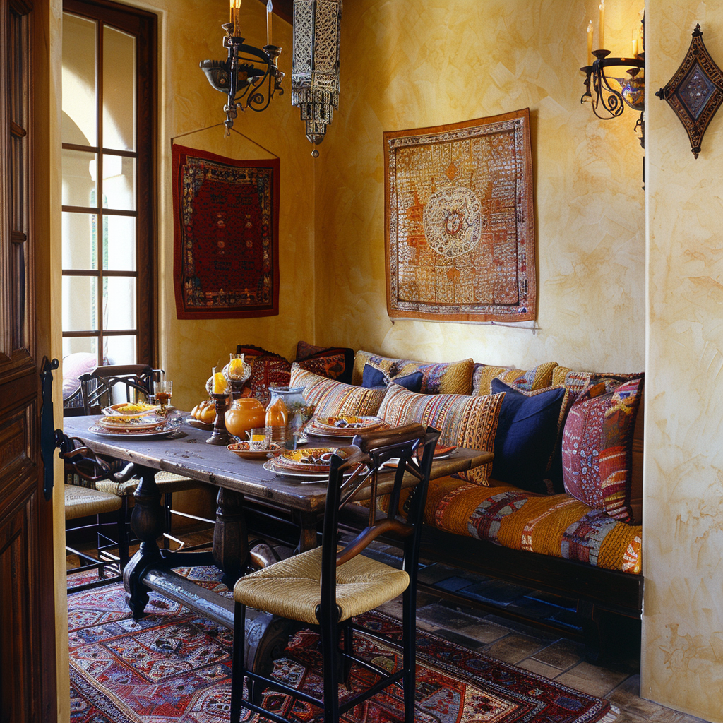 A dining room that demonstrates the power of layering textiles to create a cozy and inviting atmosphere, with a combination of soft cotton napkins, plush wool rugs, and sheer linen curtains, all working together to envelop guests in warmth and comfort