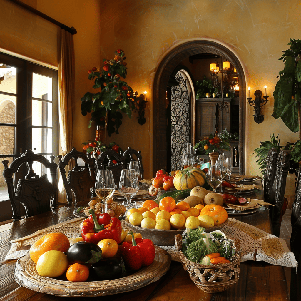A dining room that embraces the abundance of fresh produce, with a beautifully arranged display of colorful fruits and vegetables that serves as both a centerpiece and a celebration