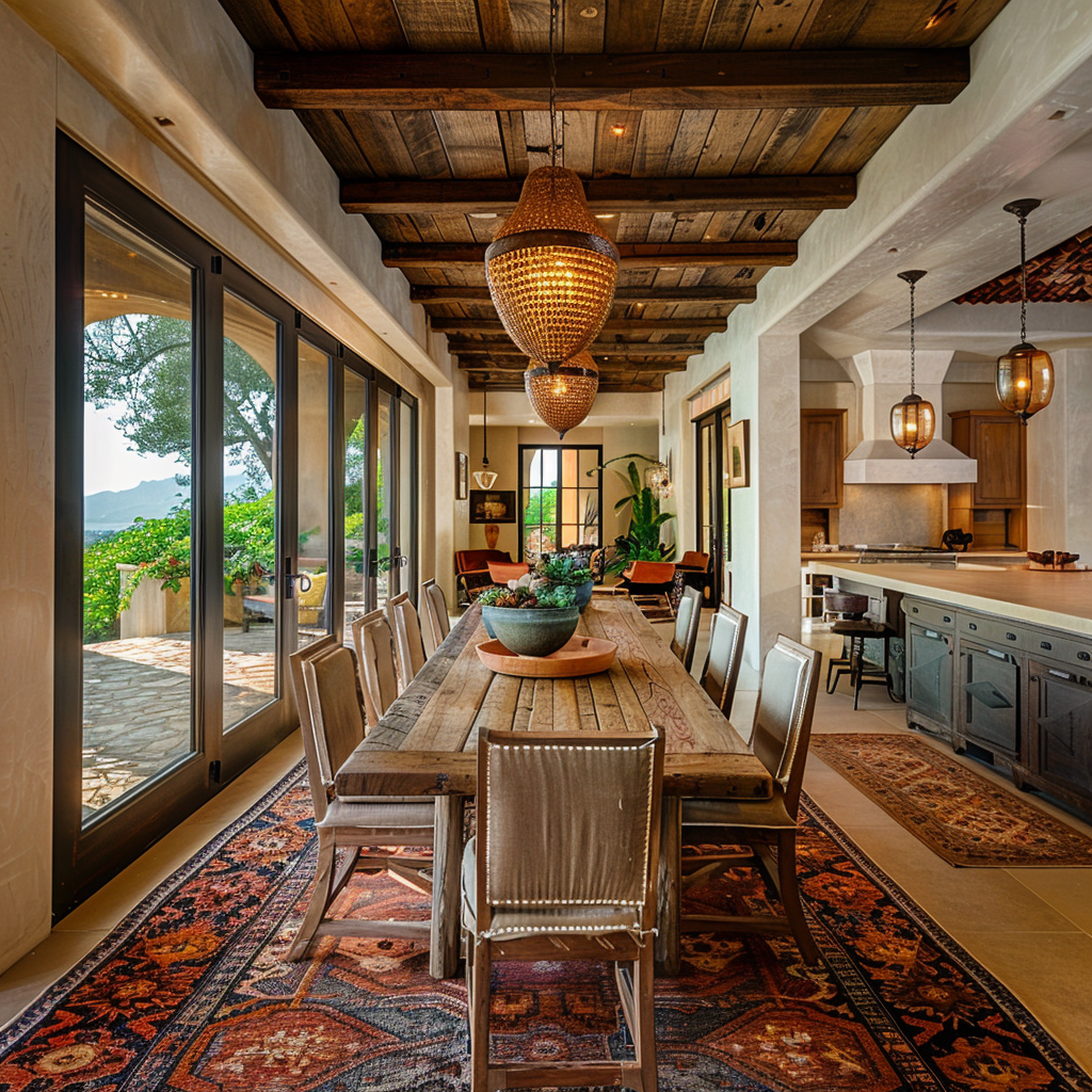 A dining room that embraces the beauty of warm lighting, with a rustic wooden chandelier with wrought iron accents, paired with a series of woven rattan pendant lights that cast a soft, diffused glow