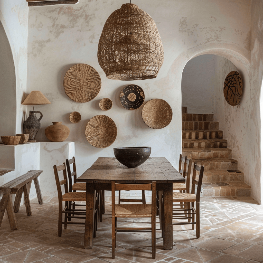 A dining room that embraces the beauty of woven textures and earthy ceramics, with a mix of baskets and pottery pieces that add warmth, texture, and a sense of artisanal craftsmanship to the space, such as a large woven basket chandelier
