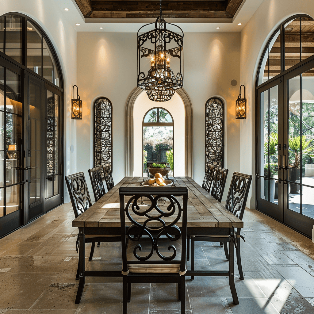 A dining room that embraces the beauty of wrought iron, with a grand wrought iron chandelier as the centerpiece and wrought iron candleholders on the table