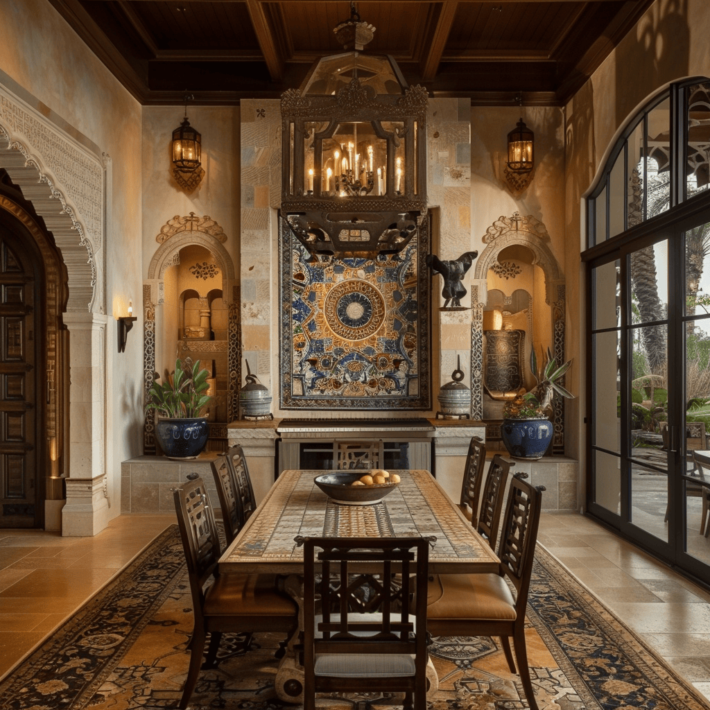 A dining room that embraces the splendor of Mediterranean tile work, with a mix of bold geometric patterns, intricate floral designs, and classic mosaic motifs, all coming together to create a visually stunning and utterly unique space