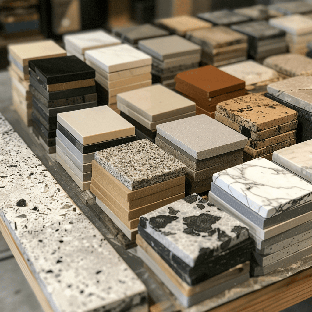 A display of various bathroom countertop materials, such as quartz, granite, and solid surface, highlighting the diverse range of options for vanity surfaces