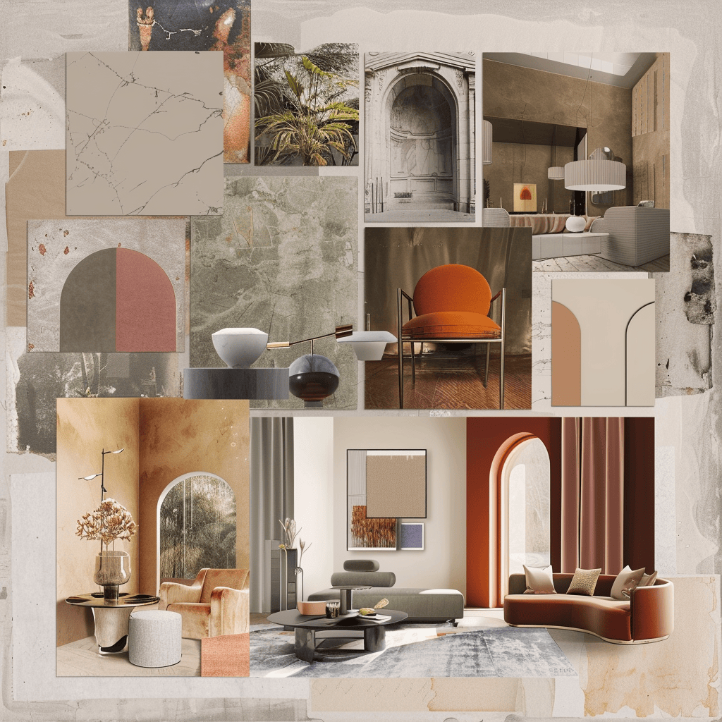 A diverse collection of contemporary interior spaces featuring an array of color palettes, from neutral grays to vibrant jewel tones, soft pastels, earthy hues, and monochromatic schemes