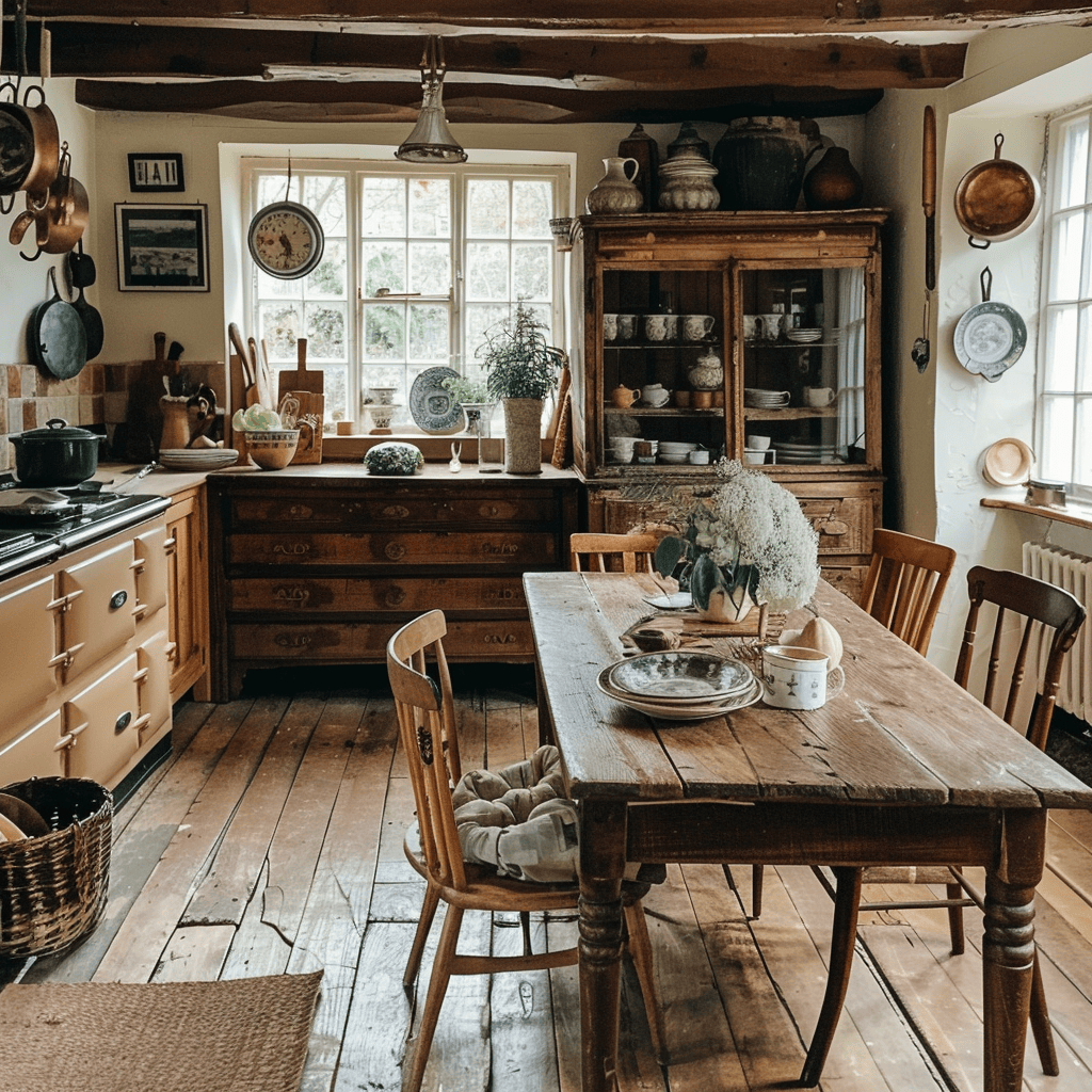 A farmhouse table, mismatched chairs, and a wooden sideboard create a casual, inviting dining space in this English countryside kitchen