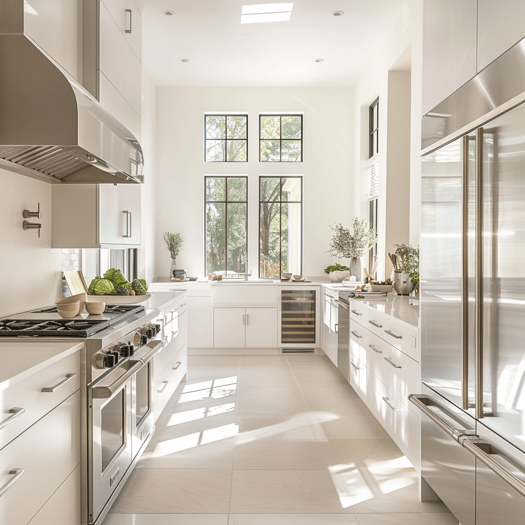 A fresh and inviting modern bathroom with a combination of bright whites and warm, off-white hues, paired with gleaming chrome fixtures and fluffy, white towels