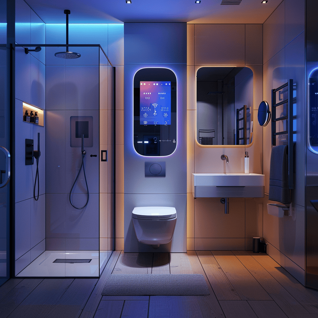 A futuristic bathroom with a smart toilet, a voice-activated mirror with built-in LED lighting, and a digital shower control panel, bathroom