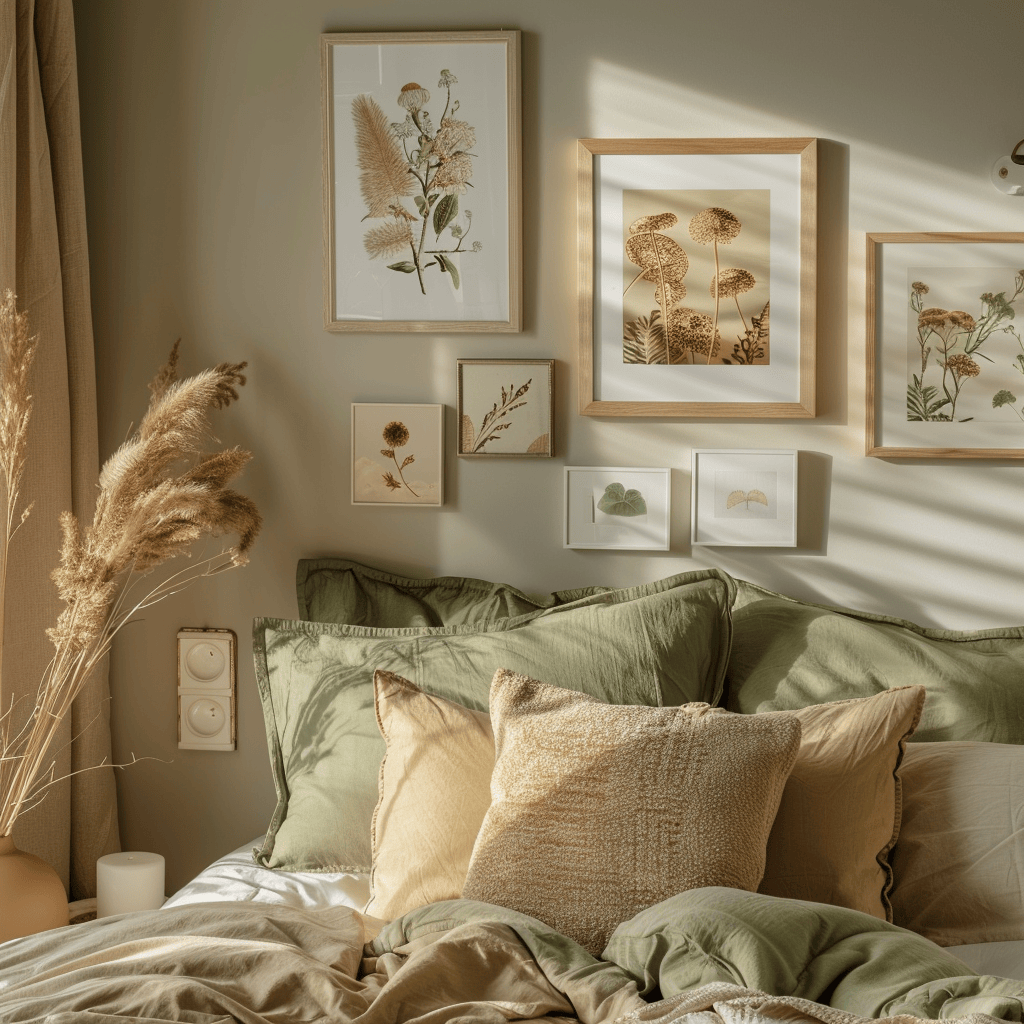 A gallery wall in a bedroom, featuring a variety of botanical prints and nature-inspired artwork in earthy tones