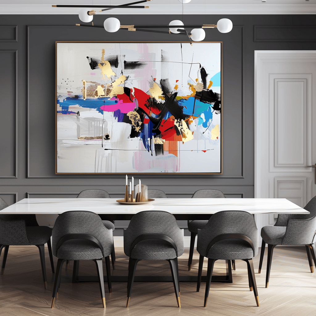 A gallery wall, statement art, and sculptural decor work together to add a personalized touch and create a visually stunning modern dining room