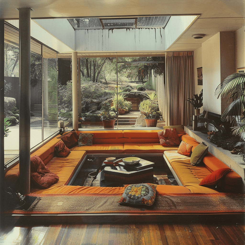 A groovy and inviting 1970s living room featuring a cozy, sunken conversation pit, its plush, shag-carpeted steps leading down to a circular, cushioned seating area filled with an array of colorful, oversized pillows