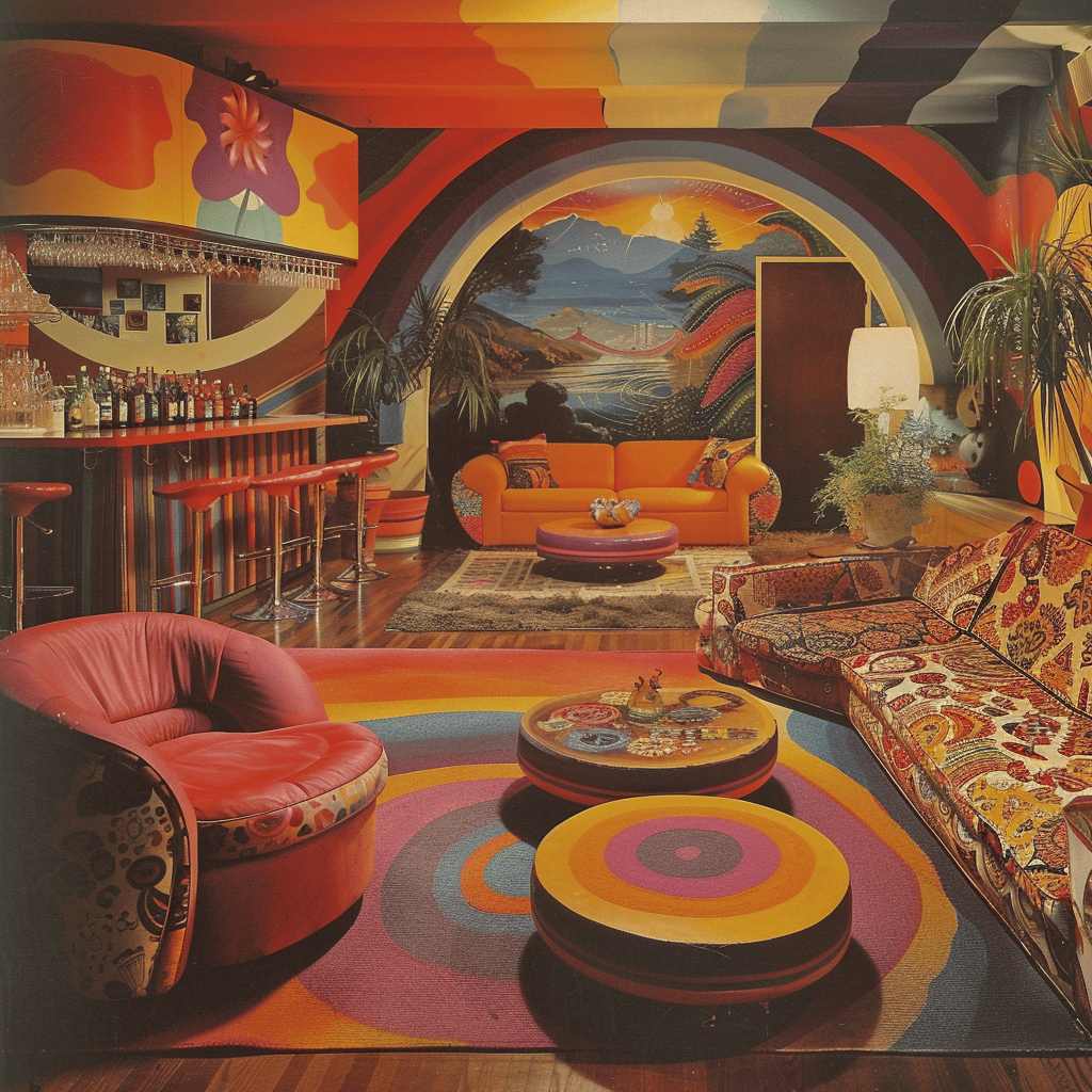In this groovy 1970s living room, oversized bean bag chairs in vibrant hues take center stage, offering a comfortable and informal seating option that reflects the era's love for unconventional furniture and a more relaxed approach to interior design