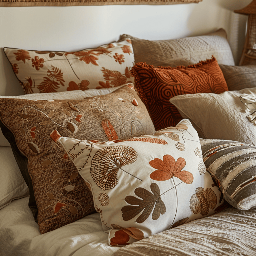 A group of decorative pillows on a bed, featuring various nature-inspired prints and textures, such as leaves, flowers, and organic woven fabrics