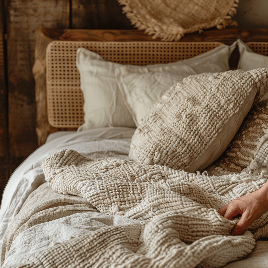 A hand running over a variety of organic textures in a bedroom, including a soft, woolen blanket, a woven pillow cover, and a smooth, wooden headboard