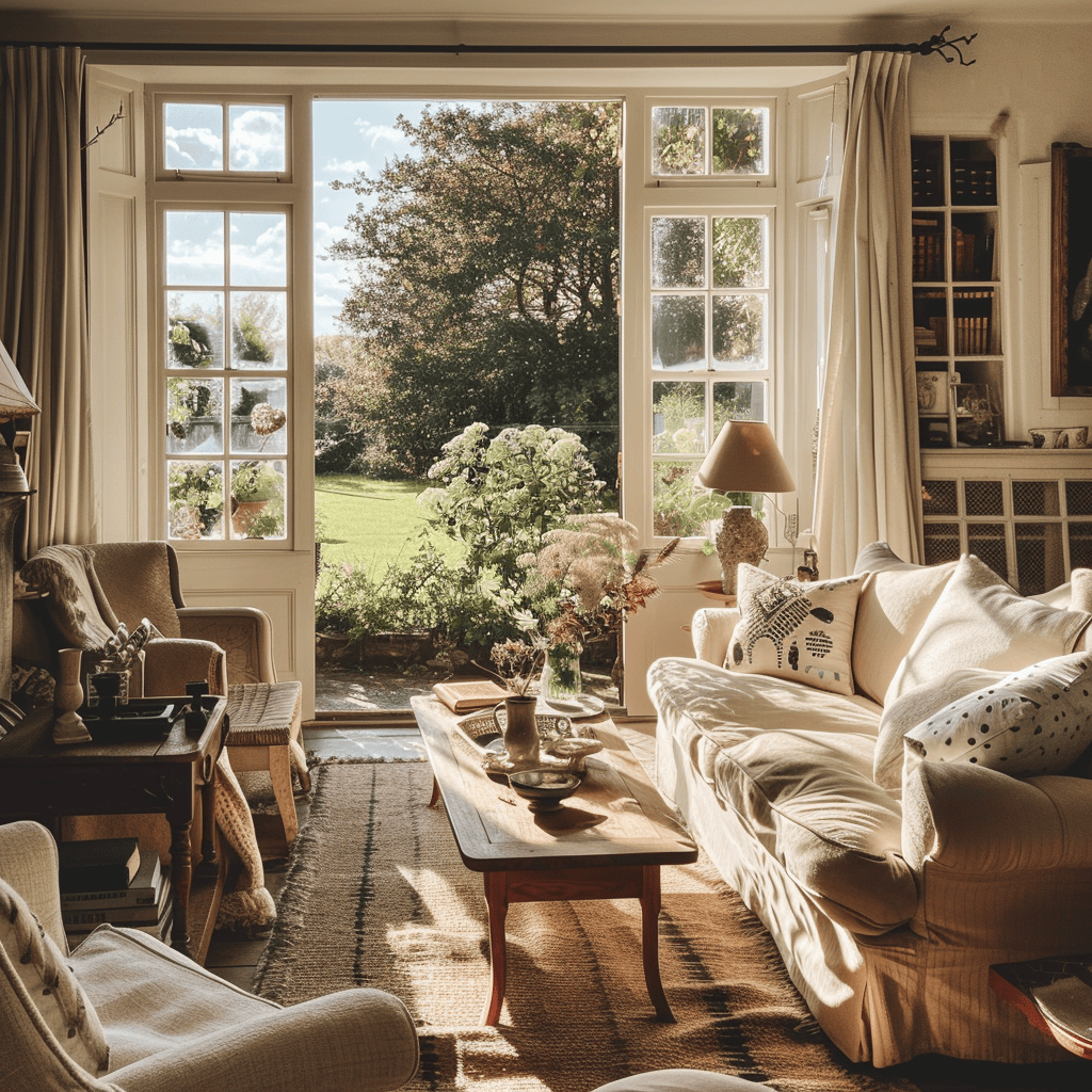 A harmonious blend of muted colors and natural elements creates a warm, inviting ambiance in this English countryside living room, capturing the essence of its timeless allure