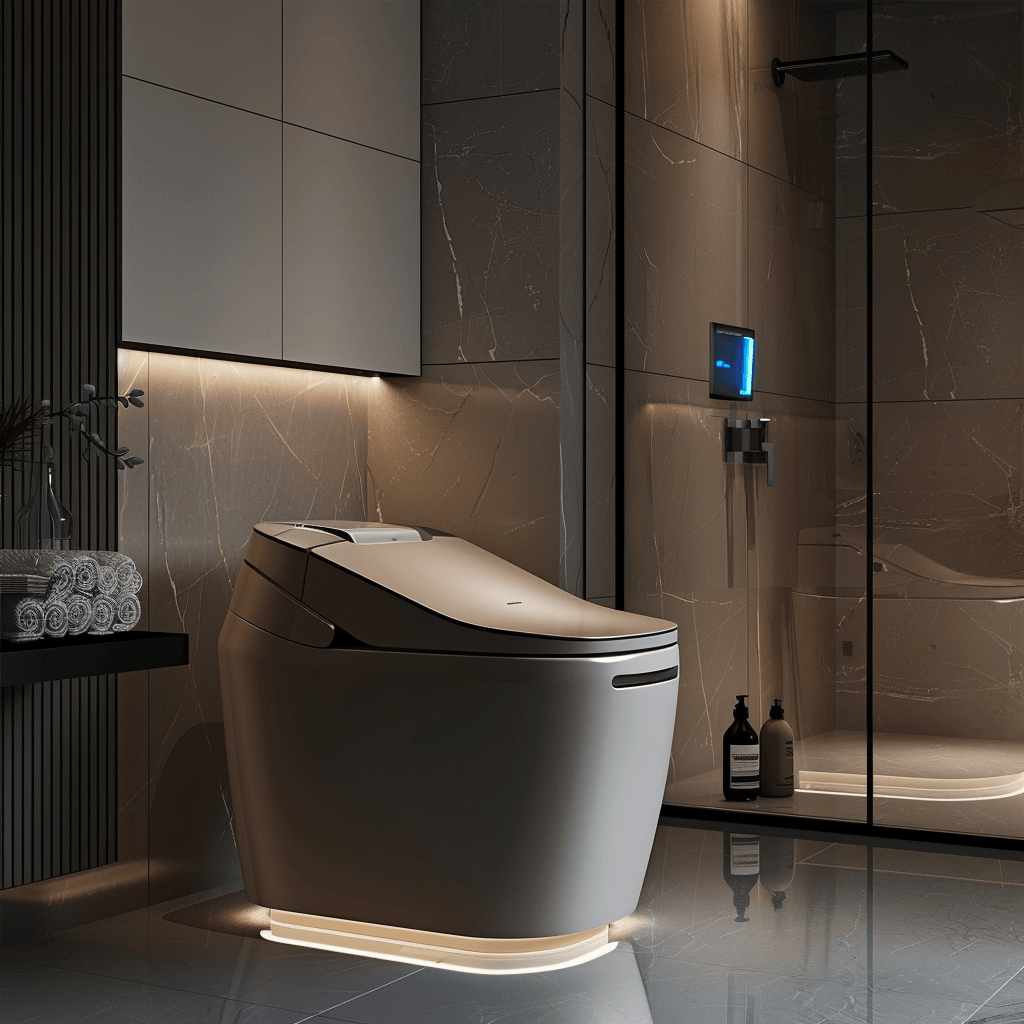 A high-tech, smart toilet with a built-in bidet, showcasing advanced features for maximum comfort and hygiene