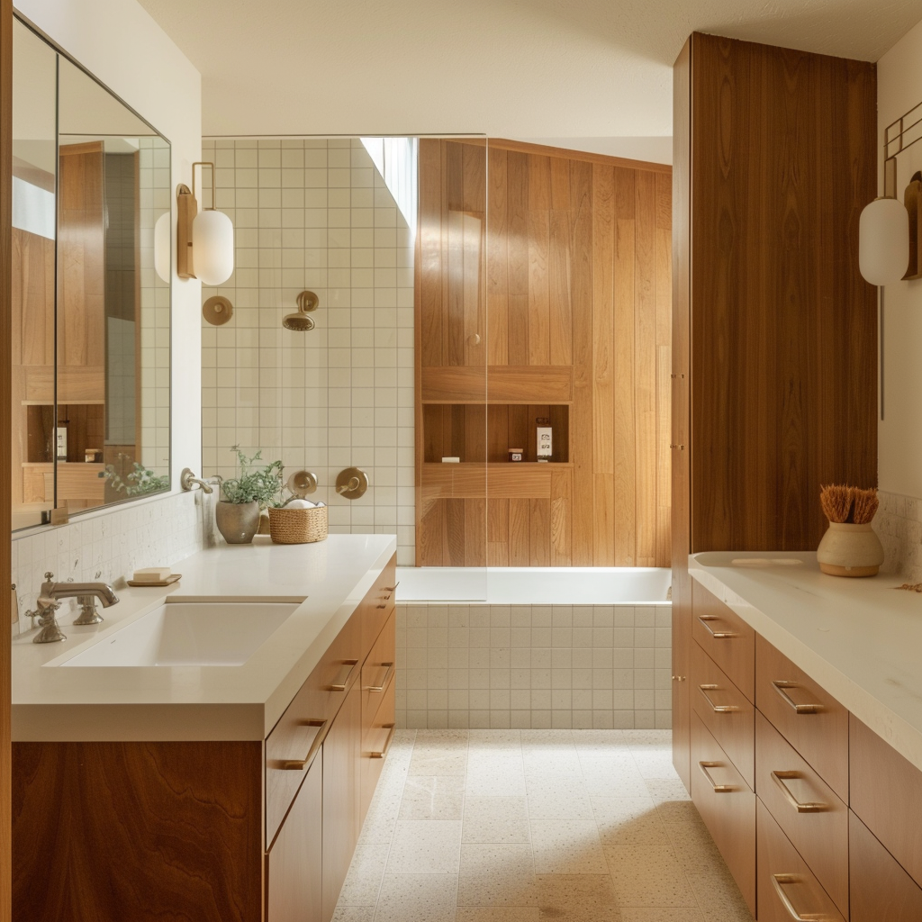 A highly functional mid-century modern bathroom showcasing a simple, uncluttered layout with streamlined fixtures and ample storage space for a practical yet stylish design3