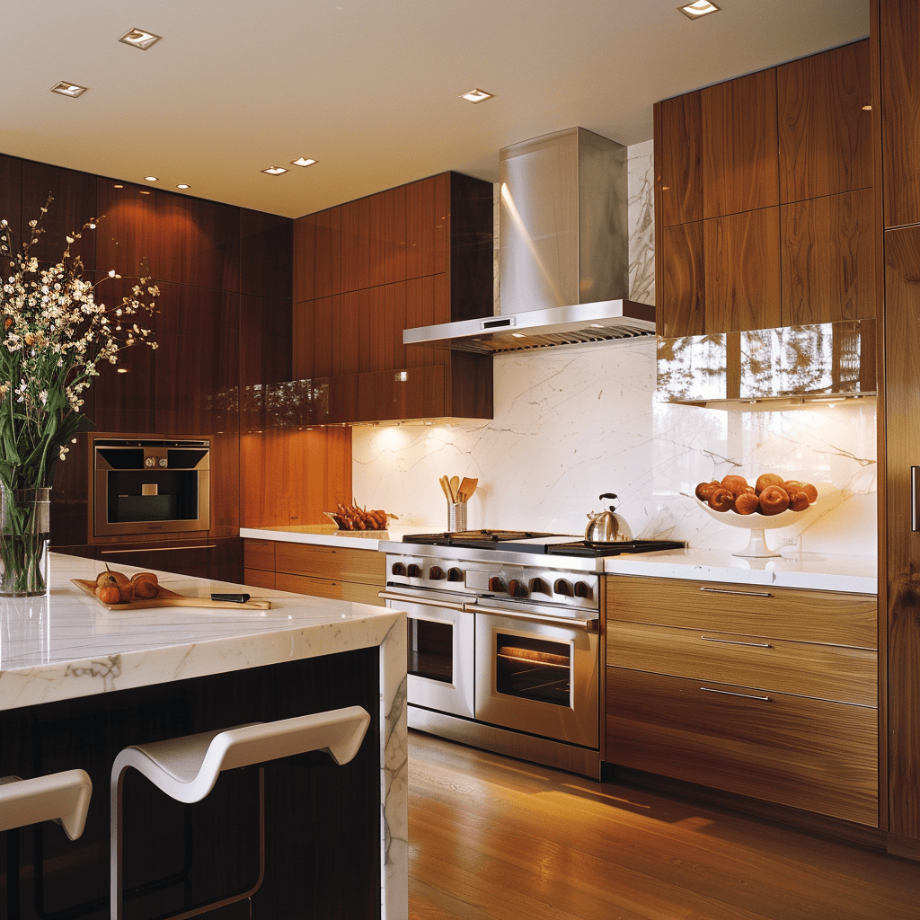 A kitchen that features a mix of contrasting cabinet materials, such as sleek, glossy acrylic upper cabinets paired with rich, textured wood lower cabinets, creating a dynamic, visually intriguing design