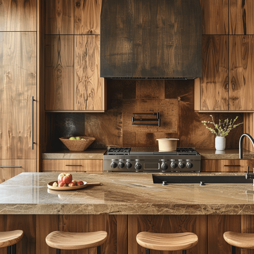 A kitchen with cabinets crafted from locally sourced, sustainably harvested wood, featuring unique grain patterns and a warm, natural finish that highlights the beauty of regional materials