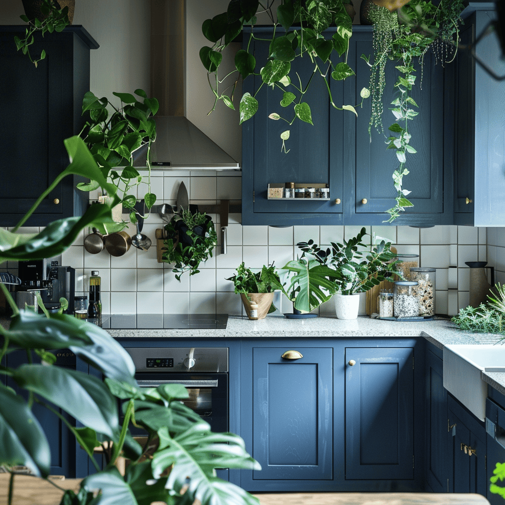 A kitchen with cabinets finished in a low-VOC, eco-friendly paint or stain, surrounded by lush, thriving houseplants that emphasize the importance of healthy, sustainable living