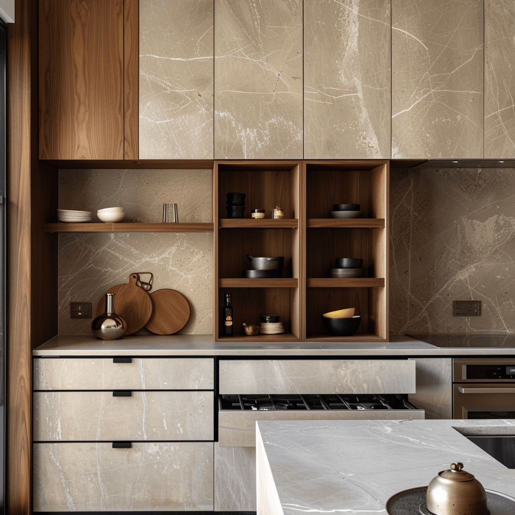 A kitchen with cabinets that seamlessly blend practicality and style, featuring ample storage space, easy-to-access drawers, and a visually appealing mix of materials and finishes