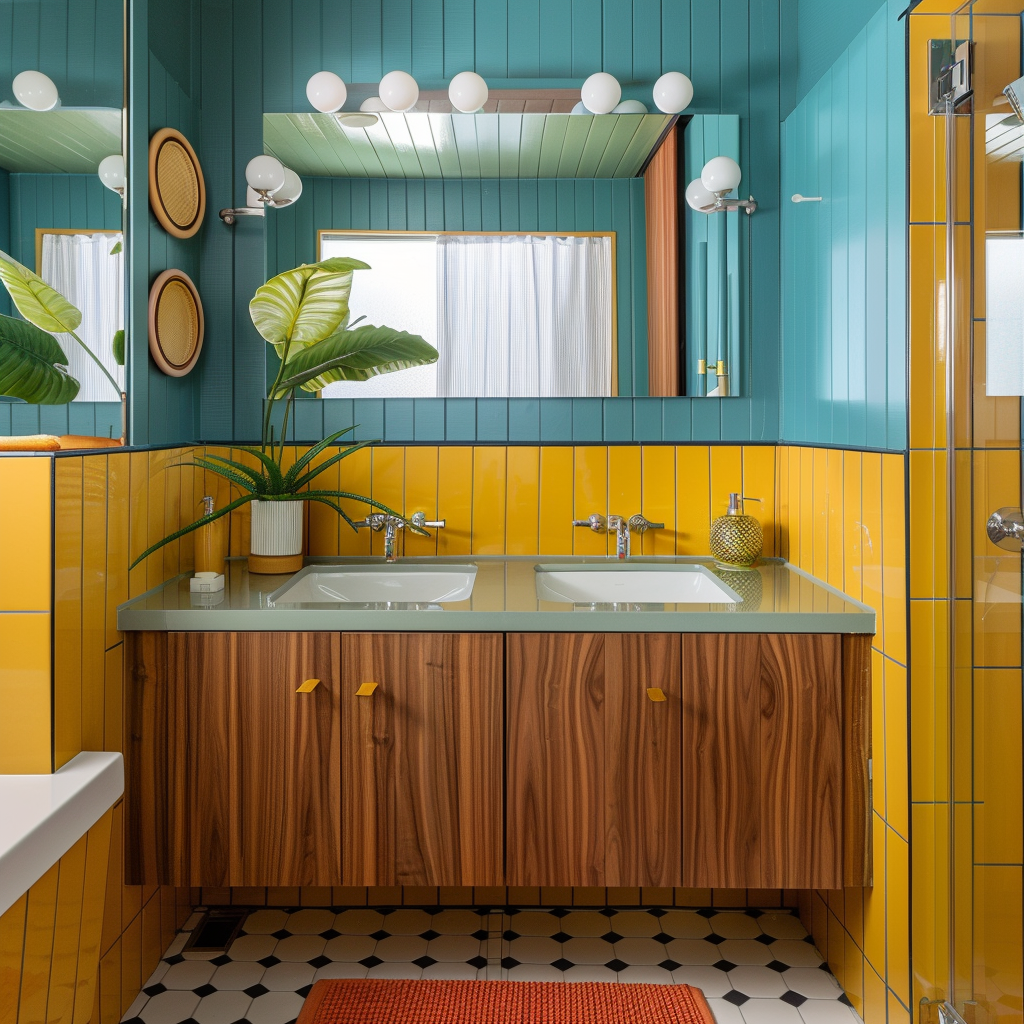 A lively mid-century modern bathroom with a pop of turquoise, mustard yellow, and burnt orange accents, adding a touch of retro charm and personality to the space1