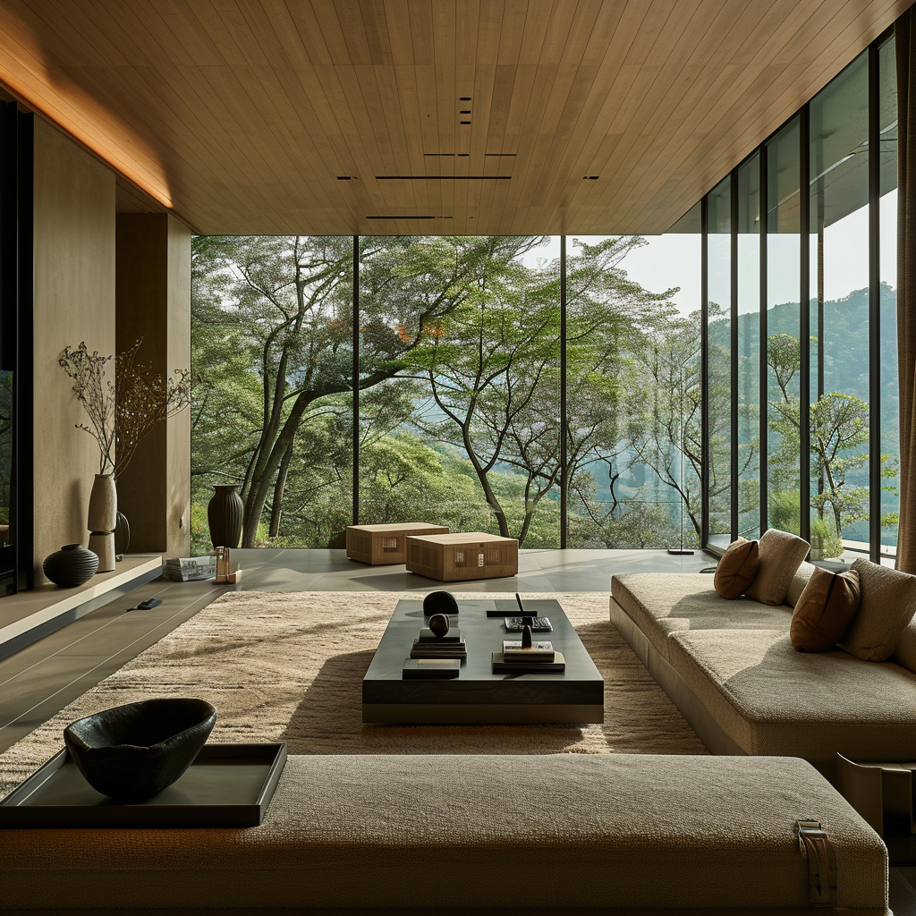 A living room inspired by Japanese style with a tea ceremony set and ikebana flowers.