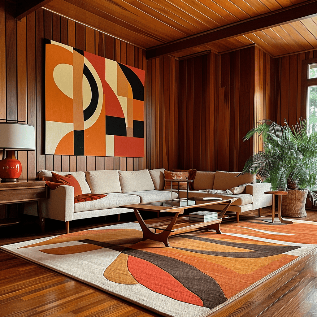 A living room that captures the 70s house aesthetic with retro lighting and wall art