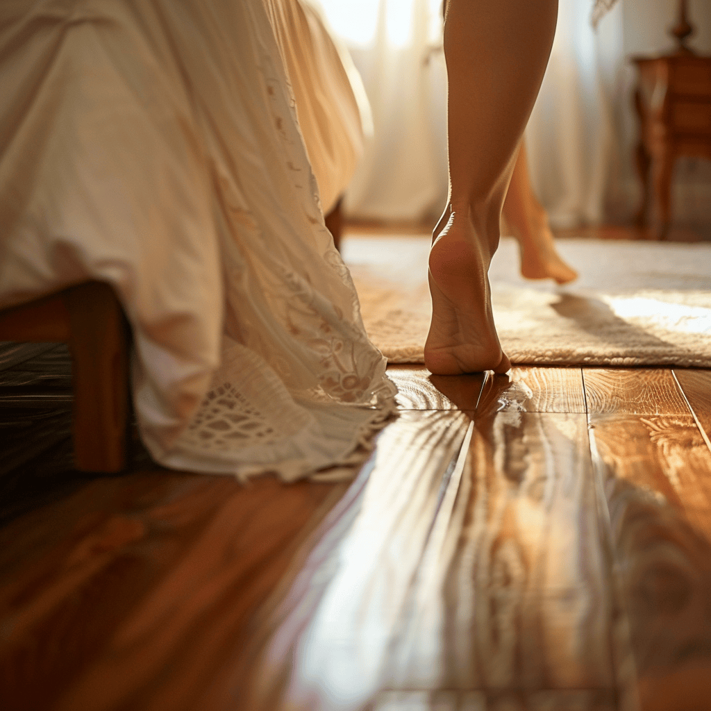 A low-angle view of bare feet stepping onto a rich, warm-toned hardwood floor in a bedroom bathed in soft, natural light